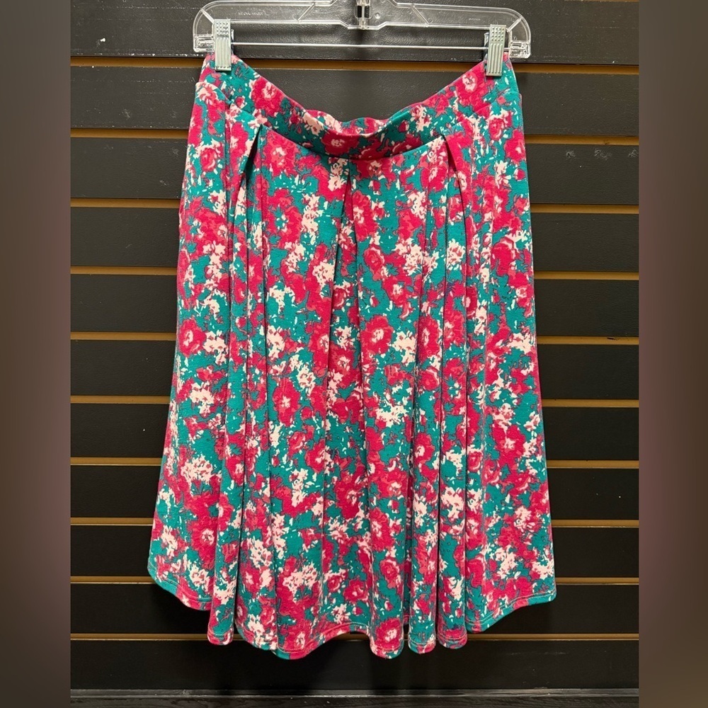 LuLaRoe Madison Skirt L Pink Green Floral Pleated